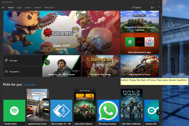 The Microsoft Store showing the focused element with a highlight and a tooltip that says button &#39;Enjoy the best of Forza. Race your dream machine&#39; ...