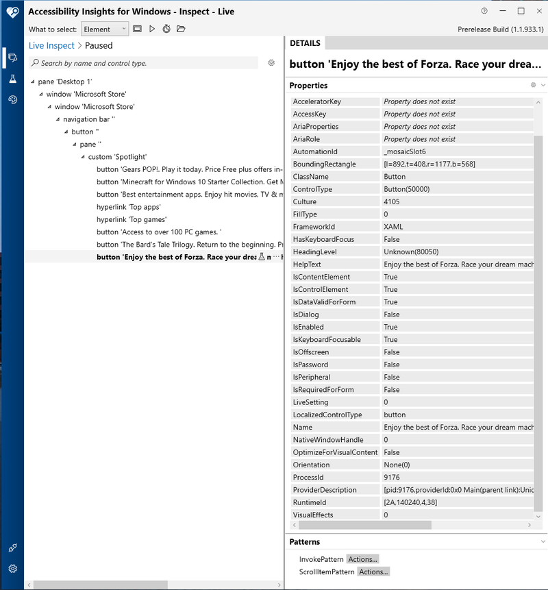 Accessibility Insights showing the Microsoft Store main page details. We can see a list of all set control properties that are being retrieved by Microsoft UI Automation API.